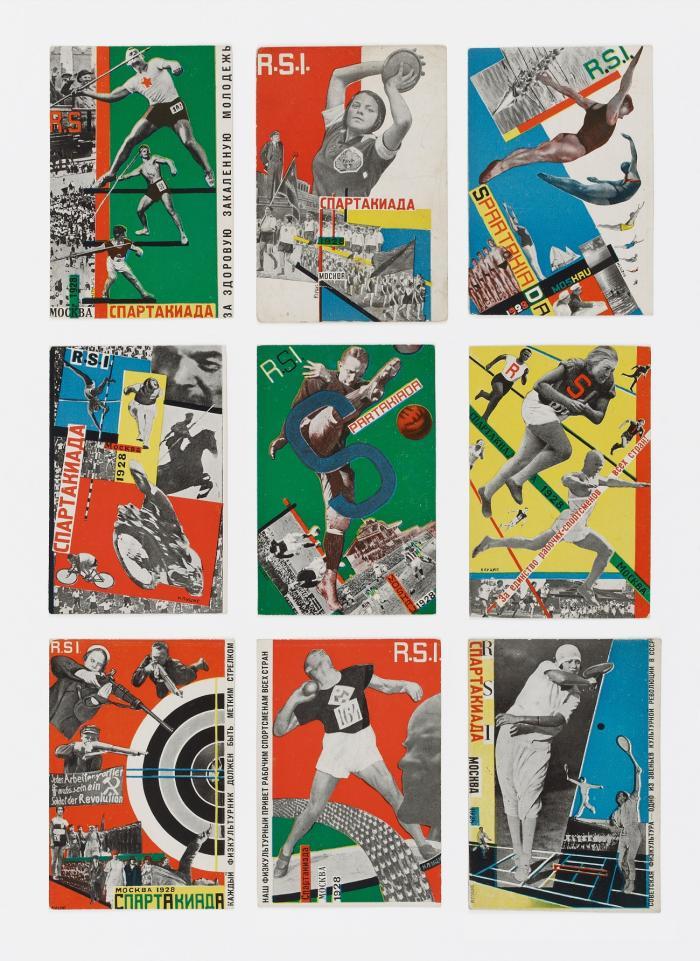 Sparkadiada Moskva 1928 (Vsesojuznaja Spartakiada). Komplette Serie von 9 Bildpostkarten mit farbigen Fotomontagen von Klucis.