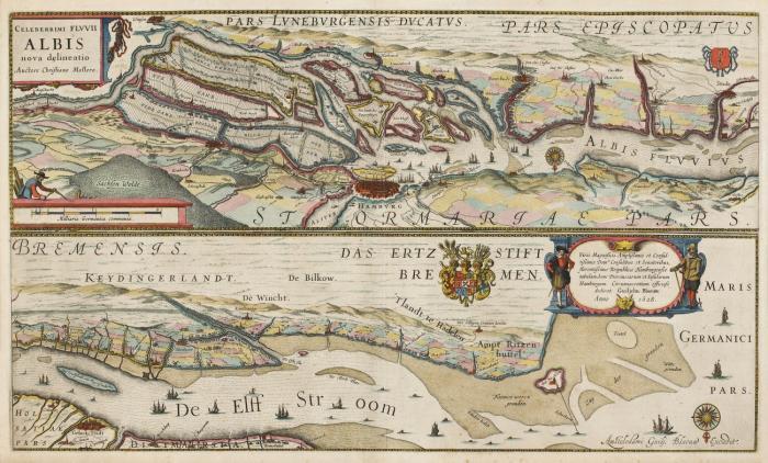 Elbelauf. - Celeberrimi fluvii Albis nova delineatio, Stromkarte der Unterelbe in 2 Teilabschnitten, von Geesthacht bis Stade und Kollmar bis zur Mündung.