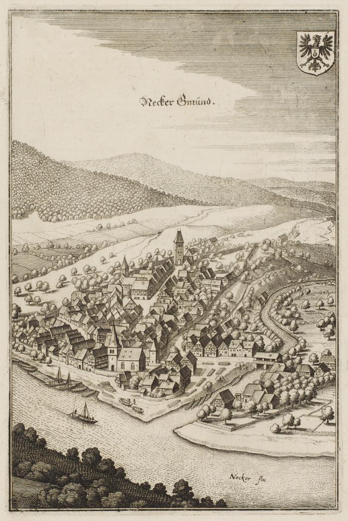 Heidelberg/Neckargemünd. - 2 Blatt Radierungen.
1.) Heidelberg, Ville d'Allemagne, Capitale du Papatinat du Rhein, Gesamtansicht mit dem Neckar, von Nicolas de Fer, um 1705. Plattengröße 21,2 x 23,8 cm, Blattgröße 23,5 x 28,5 cm.
2.) Necker Gmünd,  mit Mündung der Elsenz in den Neckar von M. Merian, um 1650. Plattengröße 26,5 x 17,8 cm, Blattgröße 31 x 20,4 cm.