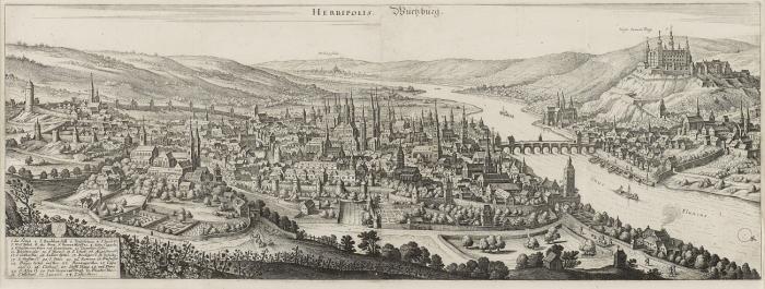 Würzburg. - Herbipolis. Würzburg, Panorama-Ansicht mit dem Main rechts.