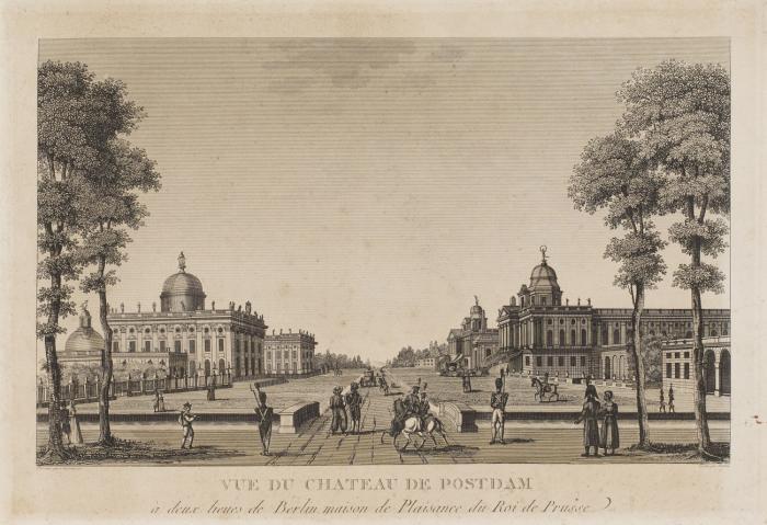 Potsdam. Vue du Chateau de Postdam à deux lieues de Berlin, maison de Plaisance du Roi de Prusse, das Neue Palais und die Communs mit Staffage.
