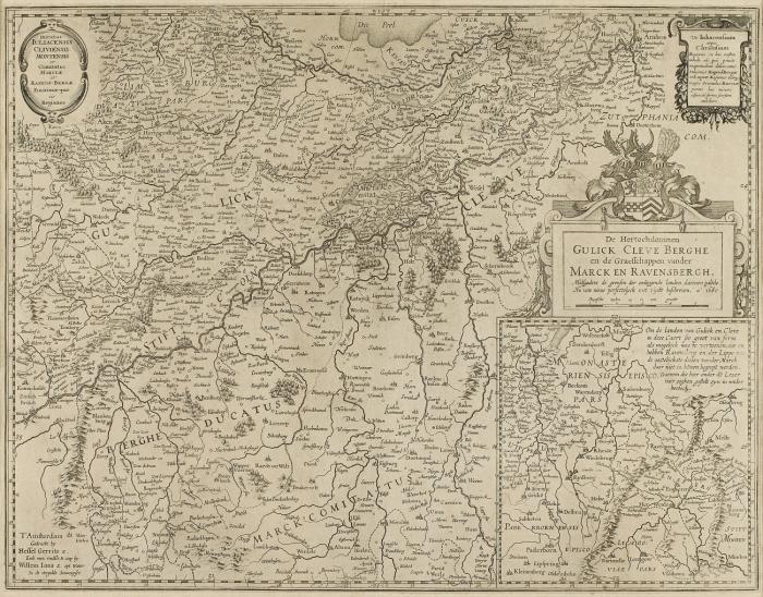 Jülich-Kleve-Berg. - De Hertochdommen Gulick Cleve Berghe en de Graeffschappen vander Marck en Ravensbergh, mit dem Rhein von Linz bis Arnheim, mit Teilkarte von Ravensberg, Titelkartusche und 2 kleineren Kartuschen, (welche die Porträts der früheren Fassungen ersetzen).
