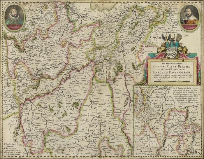 Jülich-Kleve-Berg. - De Hertochdommen Gulick Cleve Berghe en de Graeffschappen vander Marck en Ravensbergh, mit dem Rhein von Linz bis Arnheim, zwei Porträtmedaillons und Teilkarte von Ravensberg.