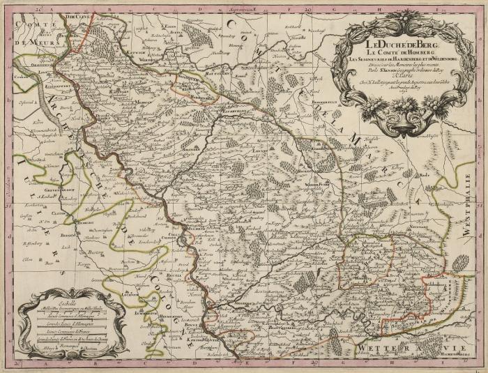 Grafschaft Mark, Abtei Essen und Werden /  Herzogtum Berg. - 2 teilkolorierte Kupferstichkarten von Sanson bei H. Jaillot, Paris, um 1692.