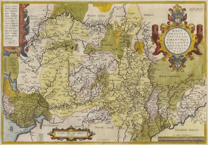 Westfalen. - Westphaliae totius, finitimarumque regionum accurata descriptio, Ostorientierte Karte des Gebietes zwischen Rhein und Weser, Köln und der Nordsee-Küste mit 3 Rollwerk-Kartuschen und Meilenzeiger.