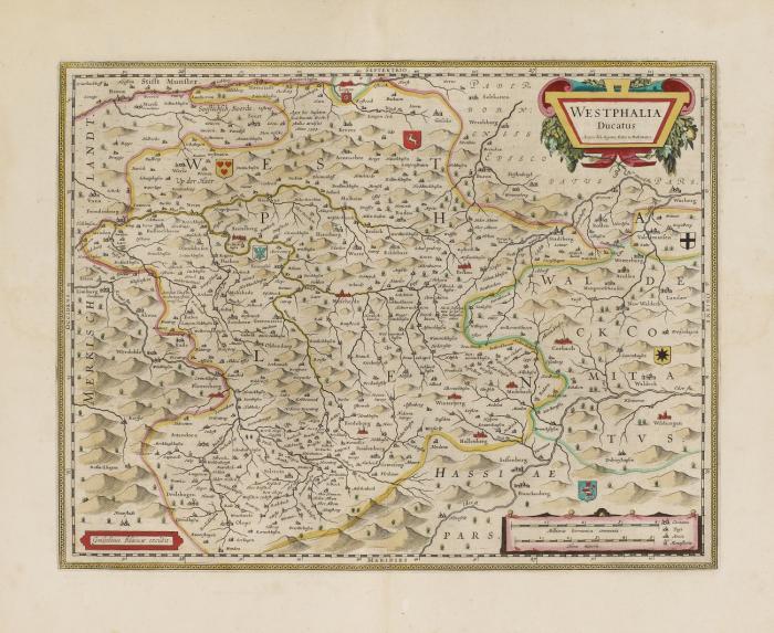 Westfalen. - Westphalia ducatus, mit 2 Kartuschen und Meilenanzeiger.