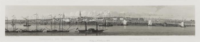 Duisburg-Ruhrort. - Panorama von Ruhrort. Panorama de Ruhrort, Ansicht vom Homberger Ufer mit regem Schiffsverkehr.