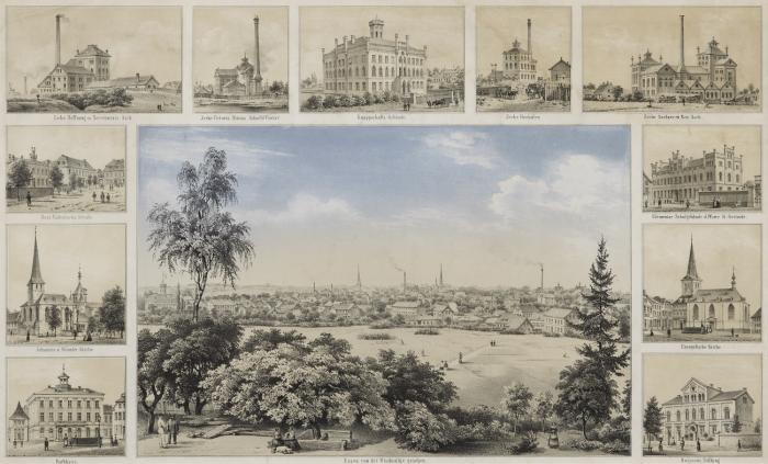 Essen. - Essen von der Windmühle gesehen / Rathaus / Johannis u. Münster-Kirche / Neue Katholische Schule / Zeche Hoffnung et Secretariats-Aack / Zeche Victoria Matias Schacht Gustav / Knappschafts-Gebäude / Zeche Herkules / Zeche Saelzer et Neu Aack / Elementar-Schulgebäude d. Pfarre St. Gertrude / Evangelische Kirche / Huissens-Stiftung, Panoramaansicht, umgeben von 11 Teilansichten.