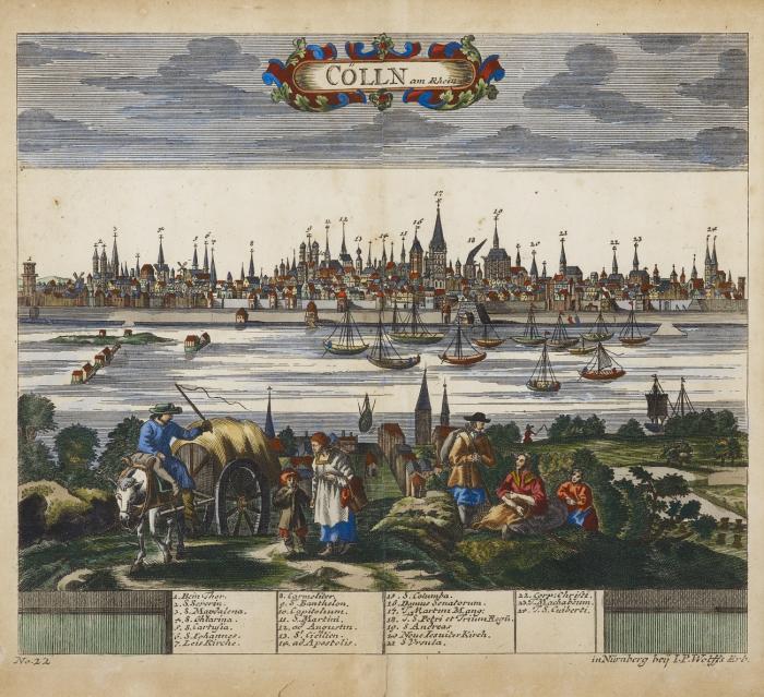 Köln. Cölln am Rhein. Ansicht von Deutz mit bäuerlicher Figurenstaffage im Vordergrund.