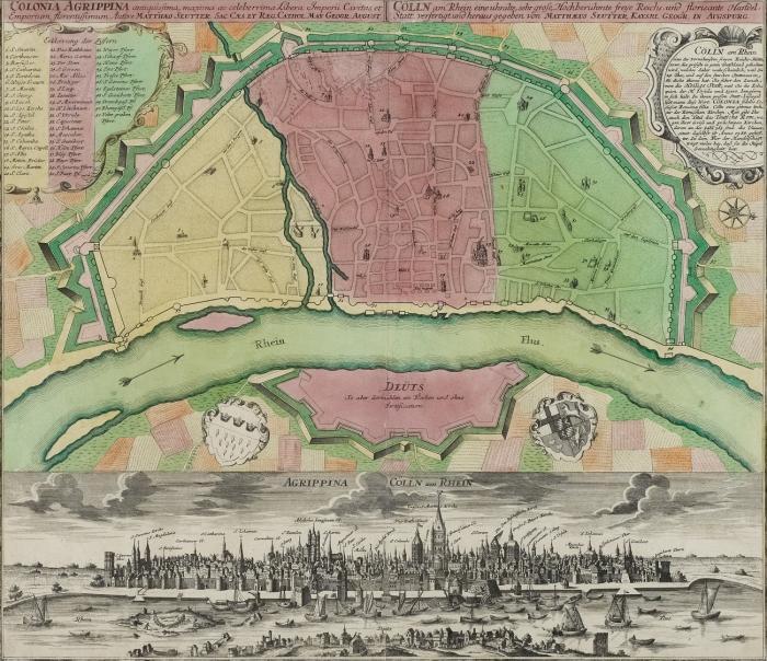 Köln. - Colonia antiquissima, maxima ac celeberrima libera imperii civitas ... Cölln am Rhein eine uhralte, sehr große Hochberühmte freye Reichs- und florisante Handel-Statt ... Plan und Gesamtansicht.