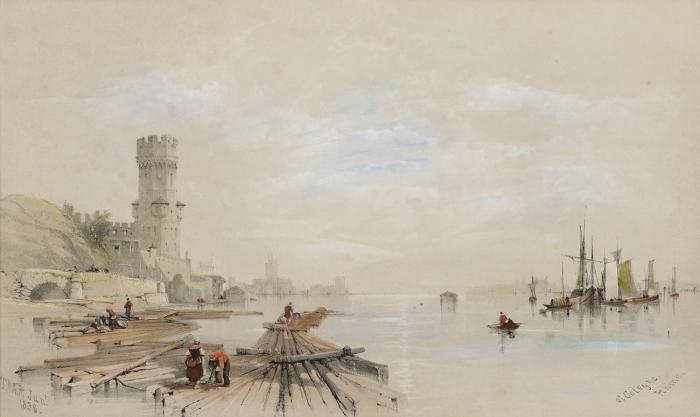 Köln. - at Cologne Rhine, Gesamtansicht mit Deutz vom Bayenturm aus. Im Vordergrund Flöße, auf dem Rhein Segler.