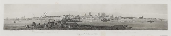 Köln. - Panorama von Cöln. Panorama de Cologne, Gesamtansicht mit Schiffsbrücke und einem Teil des Deutzer Ufers.