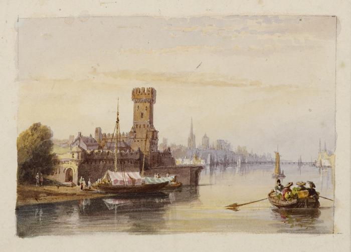 Köln. - Blick auf den Bayenturm von Süden, der Rhein mit Bootstaffage, um 1860.