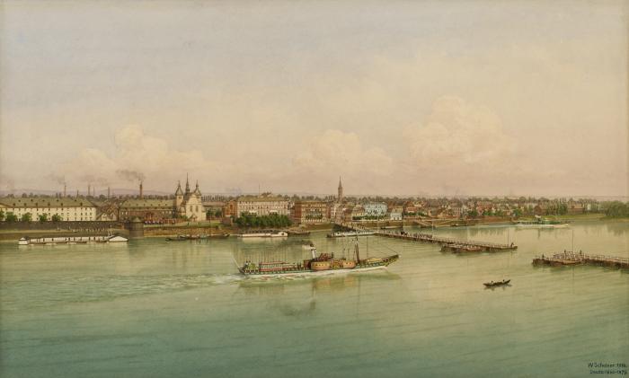 Köln. - Deutz 1860-1879. Blick von Köln auf Deutz, mit der zur Durchfahrt für den Raddampfer  