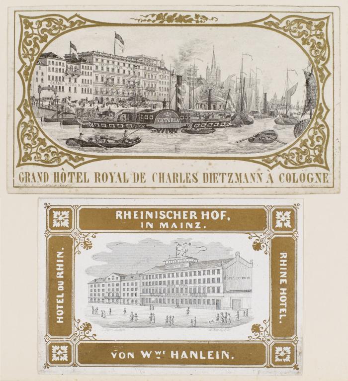 Köln (u.a.) - Hotel- und Firmenkarten, mit Gesamt- und Teilansichten verschiedener Städte, Mitte des 19. Jh. Ca. 90 Stück, (einige doppelt vorhanden), in unterschiedlichen graphischen Techniken, größtenteils Lithographie und Stahlstich, einige mit Golddruck, Formate zwischen 5 x 9 und 10,5 x 14,5 cm.