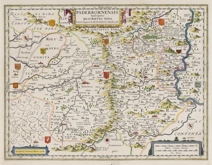 Paderborn. - Paderbornensis Episcopatus descriptio nova, Bistum Paderborn mit zwei Kartuschen und Meilenzeiger.
