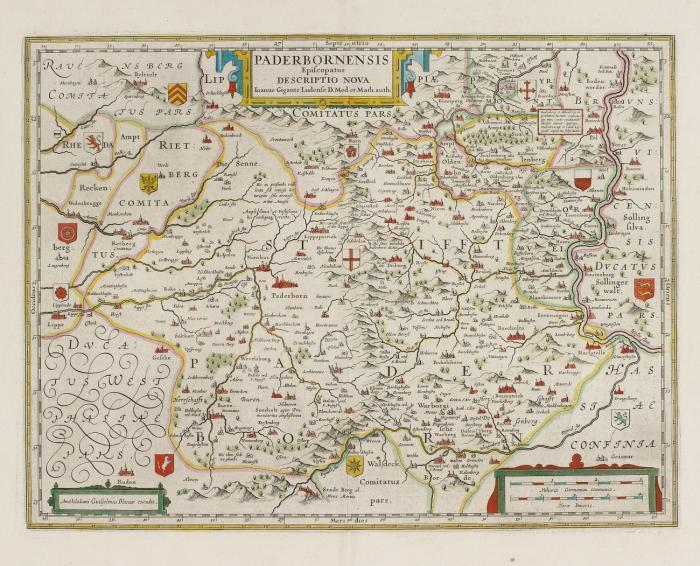 Paderborn. - Paderbornensis Episcopatus descriptio nova, Bistum Paderborn mit zwei Kartuschen und Meilenzeiger.