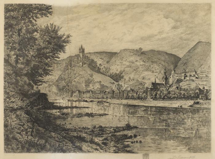 Cochem an der Mosel. - Cochem a. d. Mosel, Ansicht der Uferpromenade mit der Reichsburg im Hintergrund.