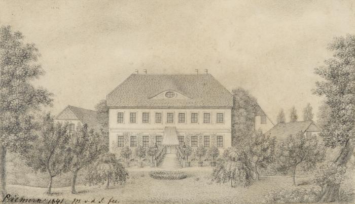 Sachsen-Anhalt. - Priemern, Schloss Priemern, Ansicht der Hauptfassade mit Garten.