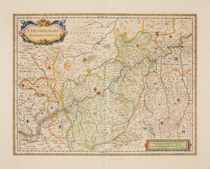 Köln. - Coloniensis Archiepiscopatus, Erzbistum Köln, mit Rollwerktitelkartusche und Meilenzeigerkartusche.