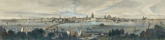 Köln. -  Panoramaansicht. Große Gesamtansicht über den Rhein, im Vordergrund das bewaldete Deutzer Ufer, zahlreiche Segelboote und Raddampfer, links Pontonbrücke.
