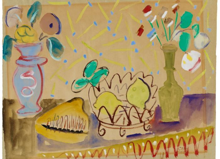 BLUMENSTILLLEBEN MIT SCHNECKENHORN UND ZITRONEN