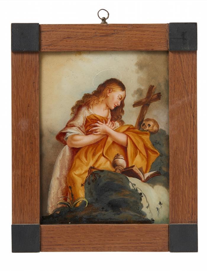 Hinterglasmalerei. – 5 religiöse Darstellungen der 2. Hälfte des 18. Jahrhundert bzw. um 1800. Je 24,5 x 18,2 cm. Jeweils in breiterer Holzleiste.
Christus am Ölberg mit dem Engel, der ihm den Kelch reicht / Die büßende Maria Magdalena in Landschaft, mit Kreuz, Totenschädel, Buch und Salbgefäß / Der Hl. Petrus in Landschaft, mit Buch, Schlüsseln und Hahn / Der Hl. Augustinus am Schreibtisch, mit Buch und Schreibfeder, Bischofsstab und flammendem Herzen / Der Hl. Johannes von Nepomuk, auf Wolken schwebend mit dem fünfsternigen Heiligenschein und in der Rechten seine Zunge haltend.