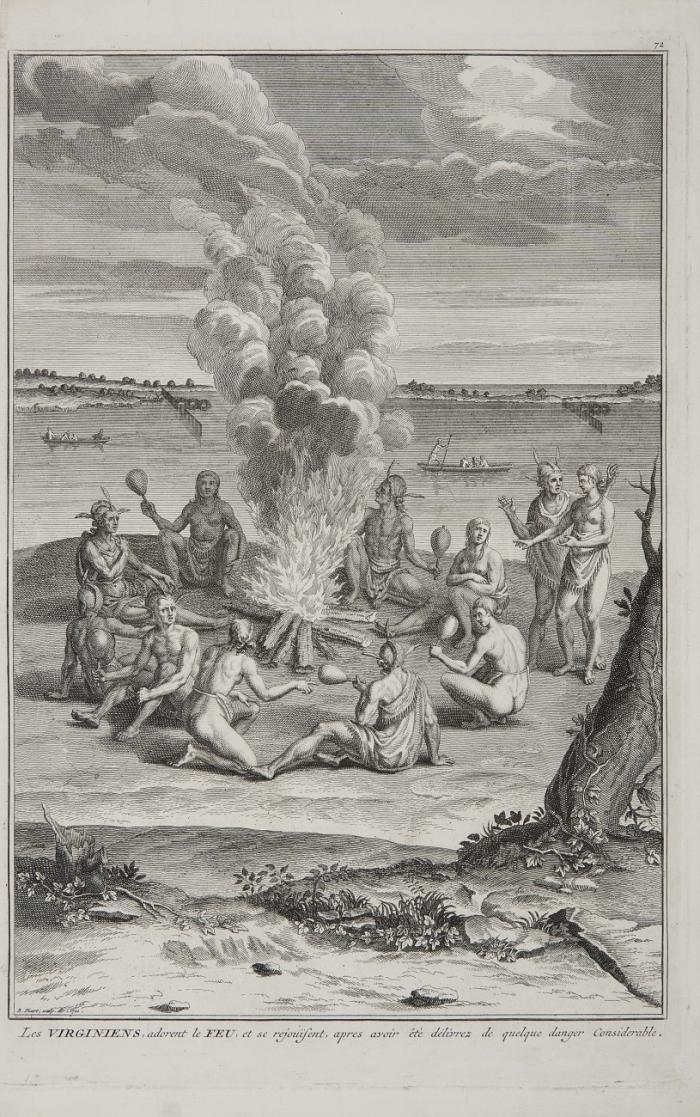 Indianer. - Les Virginiens adorent le feu et se rejouissent apres avoir ete delivres de quelque danger considerable / 
Cérémonie observée par un des Rois de la Floride avant que de faire une expédition / Un des rois de la Floride consultant son 
Magicien avant que de marcher à l'Ennemi. (Zeremonien und Bräuche der Ureinwohner von Virginia und Florida).