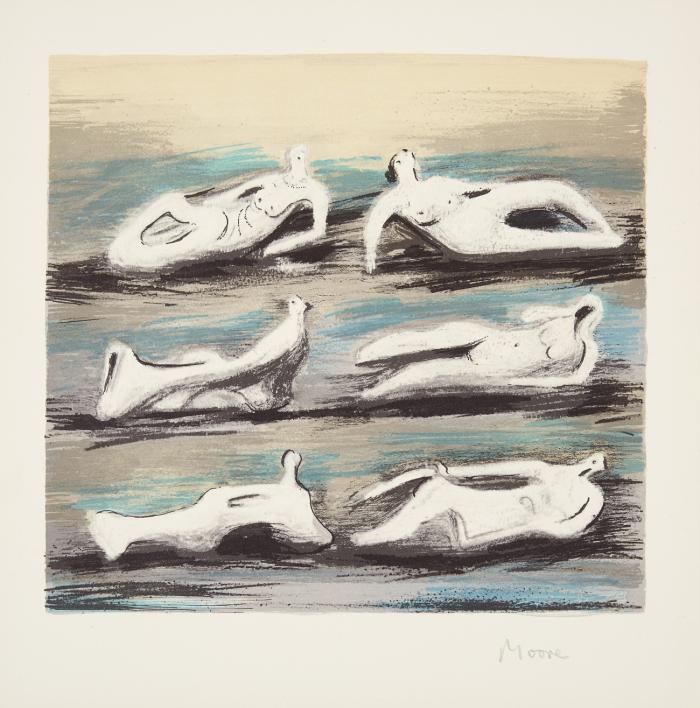 SIX RECLINING FIGURES WITH BLUE BACKGROUND