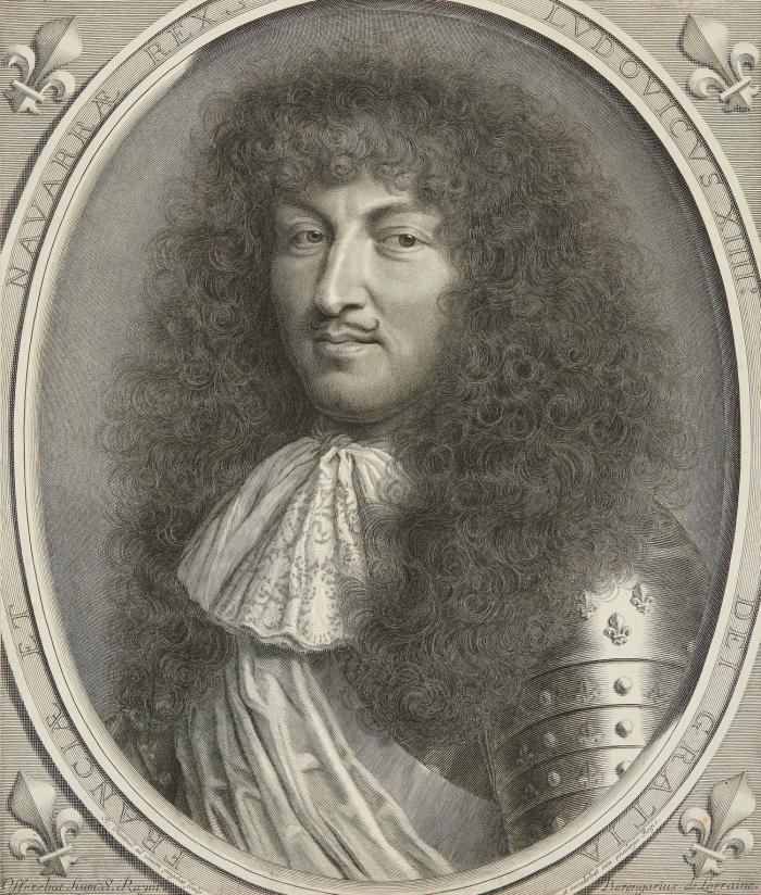Ludwig XIV., König von Frankreich. - Francia et Navarrae Rex Ludovicus XIIII Dei Gratia, Brustbild in Rüstung im Oval, mit Lilien in den Zwickeln.