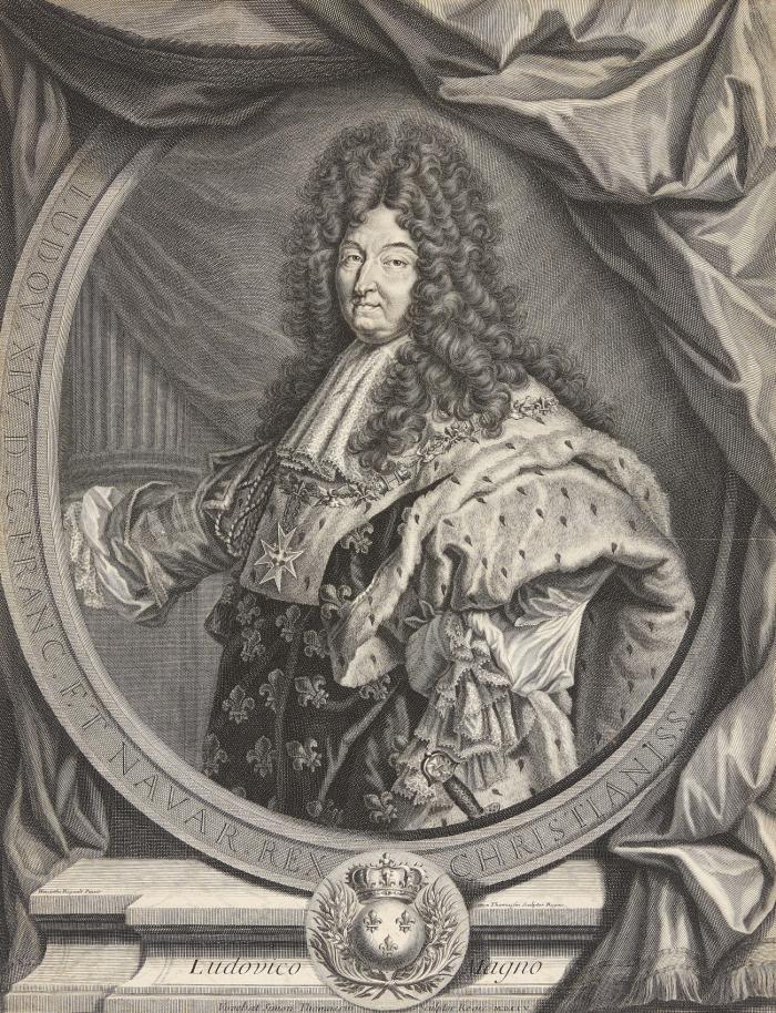 Ludwig XIV., König von Frankreich (Saint-Germain-en-Laye 1638 - 1715 Versailles).
Brustbild im drapiertem Oval, im Hernelin.
