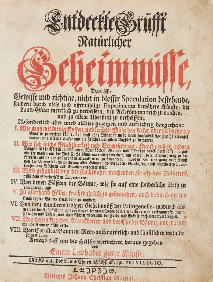 Entdeckte Grufft natürlicher Geheimnüsse, Das ist: Gewisse und richtige, nicht in blosser Speculation bestehende, sondern durch viele und offtmahlige Experimenta bewährte Künste, die Land-Güter mercklich zu verbessern, den Ackersmann reich zu machen, und zu allem Ueberfluss zu verhelffen ...