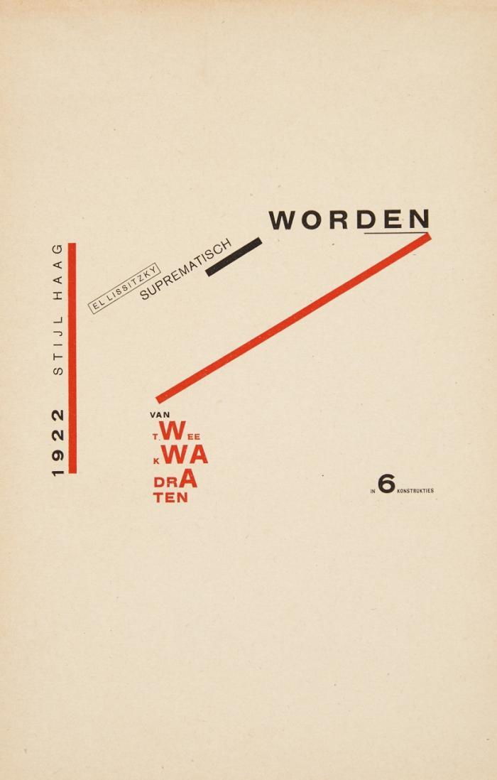 Suprematisch worden van twee kwadraten in 6 konstrukties. Probeabzug des Titelentwurfs für De Stijl,