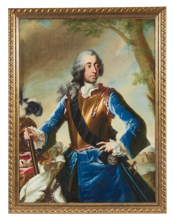 CLEMENS AUGUST VON BAYERN, Erzbischof und Kurfürst von Köln
Brüssel 1700 - 1761 Schloss Philippsburg/Koblenz-Ehrenbreitstein

Dreiviertelfigur stehend als Hochmeister des Deutschen Ordens, im Harnisch über blauem Rock mit dem Deutschordenskreuz an schwarzer Schärpe, in der Rechten Feldherrenstab; links auf einem drapierten Kissen Helm mit Federbusch und Kurhut, rechts im Hintergrund Festungsanlage.