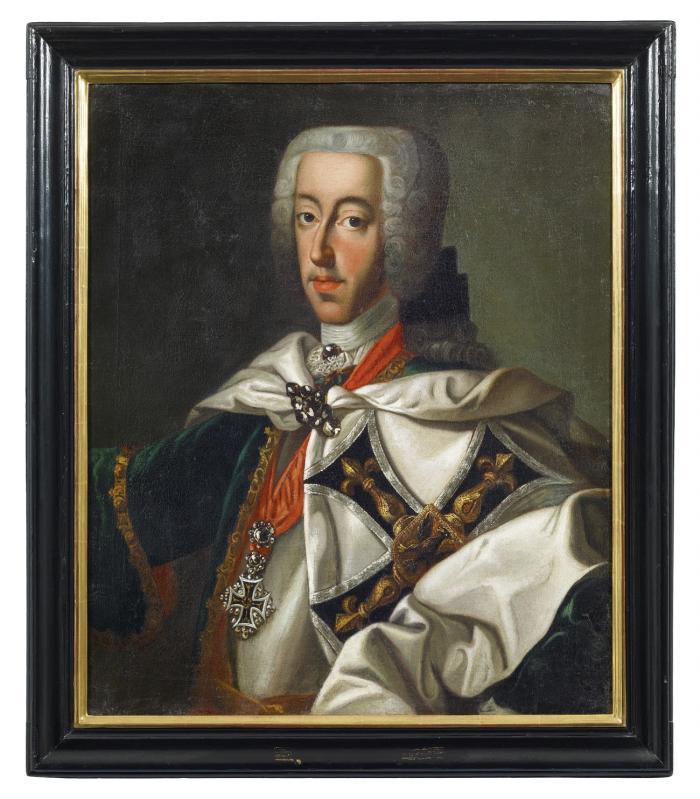 CLEMENS AUGUST VON BAYERN, Erzbischof und Kurfürst von Köln
Brüssel 1700 - 1761 Schloss Philippsburg/Koblenz-Ehrenbreitstein

Halbfigur als Hochmeister des Deutschen Ordens, nach links, das Gesicht zum Betrachter, im Harnisch und Ordensmantel mit Brustkreuz.