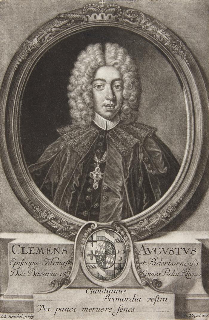CLEMENS AUGUST VON BAYERN, Erzbischof und Kurfürst von Köln
Brüssel 1700 - 1761 Schloss Philippsburg/Koblenz-Ehrenbreitstein

Brustbild, als Bischof von Münster und Paderborn, in Oval auf Sockel über Wappenschild.