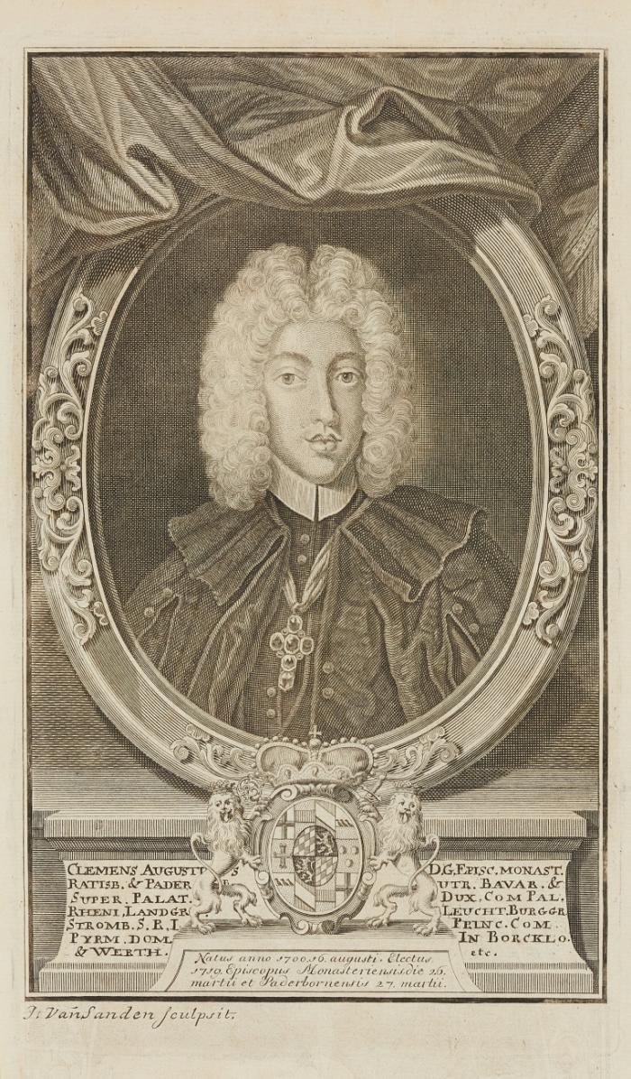 CLEMENS AUGUST VON BAYERN, Erzbischof und Kurfürst von Köln
Brüssel 1700 - 1761 Schloss Philippsburg/Koblenz-Ehrenbreitstein

Brustbild als Bischof von Münster und Paderborn, im Oval, über von zwei Löwen gehaltenem Wappen. 1719/20.