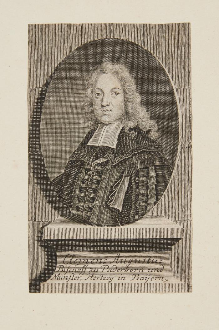 CLEMENS AUGUST VON BAYERN, Erzbischof und Kurfürst von Köln
Brüssel 1700 - 1761 Schloss Philippsburg/Koblenz-Ehrenbreitstein

1.) Brustbild als Bischof von Paderborn und Münster, halblinks im Talar mit Brustkreuz, im Oval. Um 1719/20.
Kurfürstliches Wappen mit Krone und Fürstenmantel auf Sockel von zwei Löwen gehalten und flankiert von Palmen, darüber in Medaillon betender Wüsteneremit (o. Johannes d. Täufer?) und Auge Gottes sowie weitere Szenen.