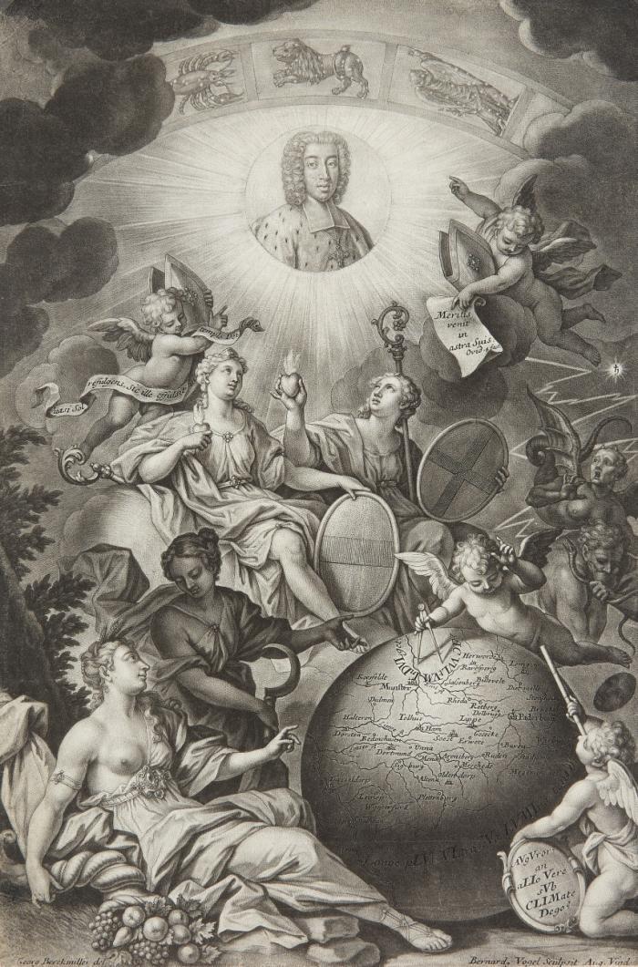 CLEMENS AUGUST VON BAYERN, Erzbischof und Kurfürst von Köln
Brüssel 1700 - 1761 Schloss Philippsburg/Koblenz-Ehrenbreitstein

Brustbild in rundem Strahlenkranz-Medaillon in reicher allegorischer Darstellung