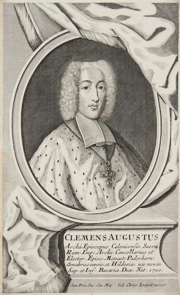 CLEMENS AUGUST VON BAYERN, Erzbischof und Kurfürst von Köln
Brüssel 1700 - 1761 Schloss Philippsburg/Koblenz-Ehrenbreitstein

Brustbild, als Fürstbischof von Münster, Paderborn, Osnabrück und Hildesheim, halbrechts mit Pectorale, Hermelin und Bäffchen, in Oval auf Sockel.