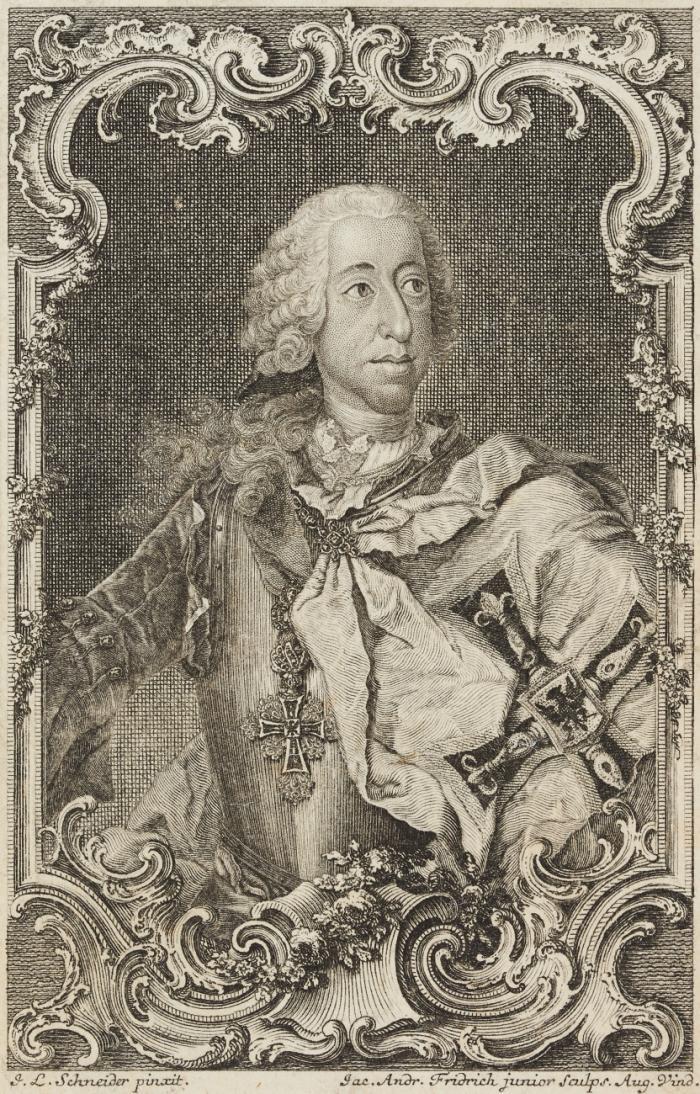CLEMENS AUGUST VON BAYERN, Erzbischof und Kurfürst von Köln
Brüssel 1700 - 1761 Schloss Philippsburg/Koblenz-Ehrenbreitstein

Halbfigur als Hochmeister des Deutschen Ordens, im Harnisch und Ordensmantel.

CARL ALEXANDER, HERZOG VON LOTHRINGEN, Hochmeister des Deutschen Ordens und Nachfolger von Clemens August in diesem Amt
(Lunéville 1712 - 1780 Tervuren)

Halbfigur als Hochmeister des Deutschen Orden, im Harnisch und Ordensmantel