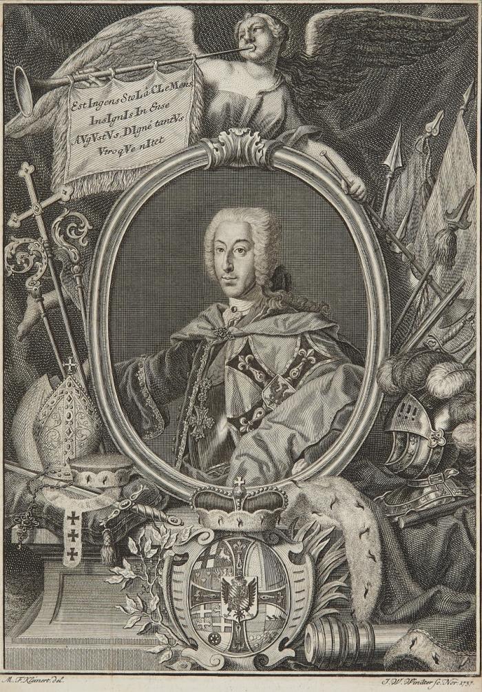 CLEMENS AUGUST VON BAYERN, Erzbischof und Kurfürst von Köln
Brüssel 1700 - 1761 Schloss Philippsburg/Koblenz-Ehrenbreitstein

Hüftbild im Ornat des Hochmeisters des Deutschen Ritterordens, in von Fama bekröntem Oval mit zahlreichen Attributen seiner geistlichen und weltlichen Macht.