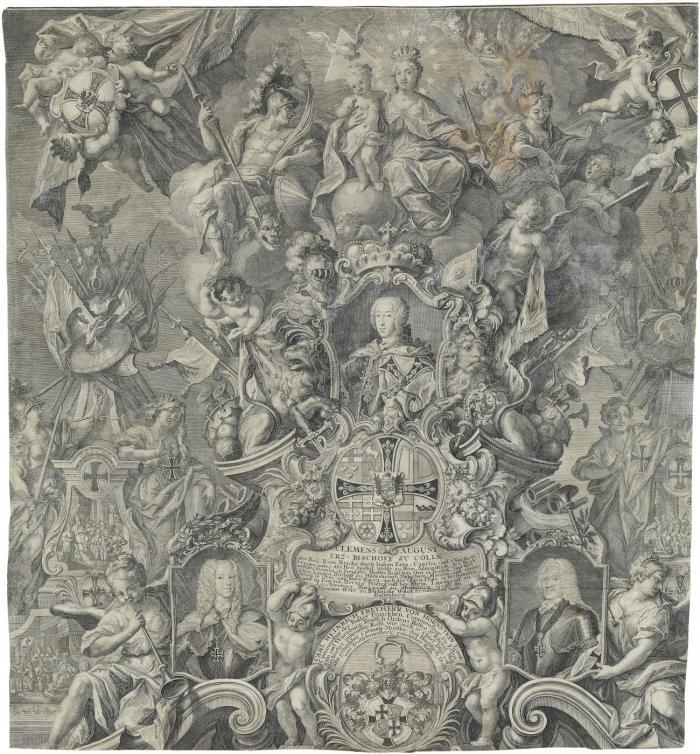 CLEMENS AUGUST VON BAYERN, Erzbischof und Kurfürst von Köln
Brüssel 1700 - 1761 Schloss Philippsburg/Koblenz-Ehrenbreitstein

Clemens August Erz=Bischoff zu Cölln ... Brustbild als Hochmeister des Deutschen Ordens in Rocaille-Rahmen, umgeben von reichen allegorischen Darstellungen, Wappen, Attributen, weiteren Porträts von Meistern des Ordens, Szenen aus der Ordensgeschichte etc:
Triumpharchitektur eines Deutschordens-Wandkalenders der Ballei Franken. Um 1743/44.