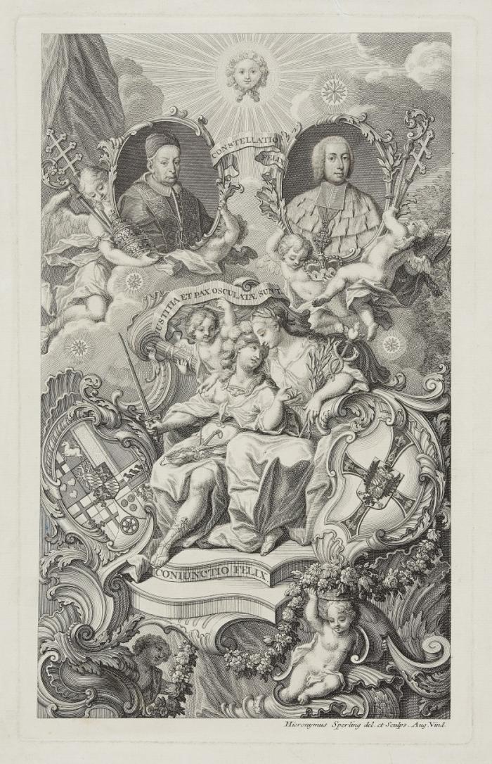 CLEMENS AUGUST VON BAYERN, Erzbischof und Kurfürst von Köln
Brüssel 1700 - 1761 Schloss Philippsburg/Koblenz-Ehrenbreitstein

Clemens August mit Papst Clemens XII (Lorenzo Corsini 1730 - 1740), in akanthusverzierten Medaillons, von Genien bzw. Putten getragen; darunter Justitia und Pax sowie die Wappen Clemens Augusts und das Hochmeisterwappen des Deutschen Ordens.