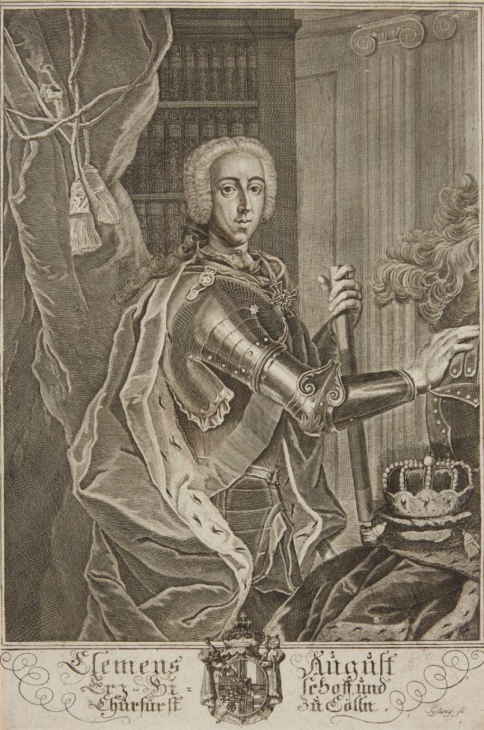 CLEMENS AUGUST VON BAYERN, Erzbischof und Kurfürst von Köln
Brüssel 1700 - 1761 Schloss Philippsburg/Koblenz-Ehrenbreitstein

2 Bildnisse.

1.) Brustbild im Hermelin mit Deutschordenskreuz, in Rahmen über Wappen und Insignien.
2.) Dreiviertelfigur als Hochmeister des Deutschen Ritterordens, im Harnisch und Mantel mit Deutschordenskreuz.