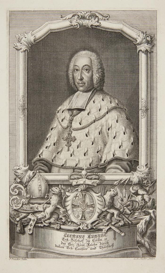 CLEMENS AUGUST VON BAYERN, Erzbischof und Kurfürst von Köln
Brüssel 1700 - 1761 Schloss Philippsburg/Koblenz-Ehrenbreitstein

1.) Brustbild im Hermelin mit Deutschordenskreuz, in Rahmen über Wappen und Insignien