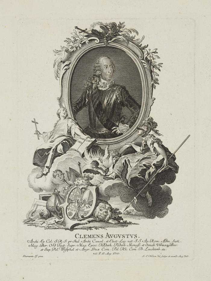 CLEMENS AUGUST VON BAYERN, Erzbischof und Kurfürst von Köln
Brüssel 1700 - 1761 Schloss Philippsburg/Koblenz-Ehrenbreitstein

Halbfigur im Oval nach rechts, im Harnisch mit den Herrscherinsignien und Emblemen des geistlichen Standes sowie der Kunst und Wissenschaft.