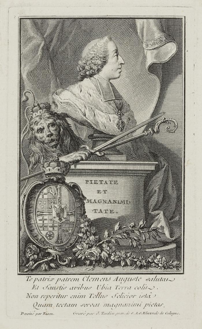 CLEMENS AUGUST VON BAYERN, Erzbischof und Kurfürst von Köln
Brüssel 1700 - 1761 Schloss Philippsburg/Koblenz-Ehrenbreitstein

Büste im Profil nach rechts auf einem Sockel mit der Inschrift 'PIETATE ET MAGNANIMITATE', mit Wappenkartusche und bekröntem Löwen, der Schwert und Bischofsstab hält. 1759.