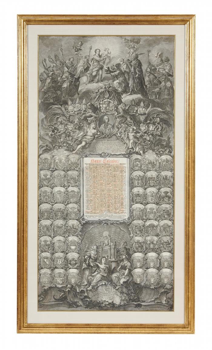 CLEMENS AUGUST VON BAYERN, Erzbischof und Kurfürst von Köln
Brüssel 1700 - 1761 Schloss Philippsburg/Koblenz-Ehrenbreitstein

Clemens August Dei Gratia Archi Episcopus Coloniensis ...Brustbild im Oval nach rechts, über montiertem Kalender von 1755 in Typendruck; darüber große Anbetung der Könige und Kirchenväter; das Oval umrahmt von den Wappen des Erzbischofs und Kurfürsten; unterhalb und seitlich des Kalenders die Wappen der Domherren und Kapitulare, unten allegorische Frauenfiguren.

Wappenkalender des Kölner Metropolitankapitels Nomina cognomina et insignia praelatorum ... Coloniensis ecclesiae,  zur Zeit Clemens Augusts.