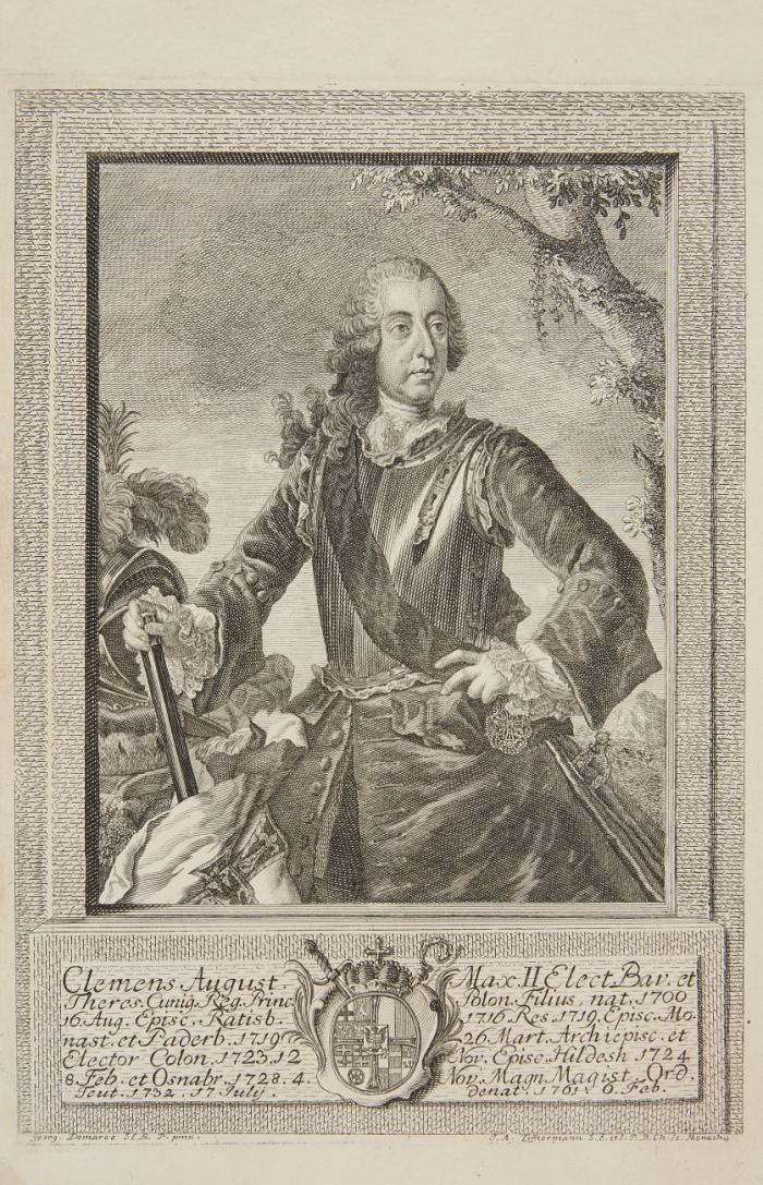 CLEMENS AUGUST VON BAYERN, Erzbischof und Kurfürst von Köln
Brüssel 1700 - 1761 Schloss Philippsburg/Koblenz-Ehrenbreitstein

Sammlung von 15 Blatt Porträts in Kupferstich (14) und Lithographie (1) in überwiegend Kleinformaten von ca. 10 x 8,5 cm bis 30 x 19,5 cm. Ein Blatt dreifach vorhanden, ansonsten verschiedene Bildnisse

Brustbildnisse, Porträts in Halb- bis Ganzfigur in verschiedenen Habiten, u.a. als (jugendlicher) Erzbischof, als Kurfürst im Kurhabit, im Harnisch, als Hochmeister des Deutschen Ritterordens im Ordensmantel mit Kreuz, als Großmeister des Michaelsordens, etc.